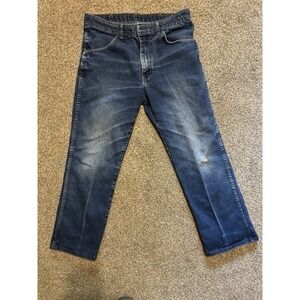 Wrangler Mens Jeans 34x30 Dark Wash Relaxed Straight Leg Faded Knee Rip
